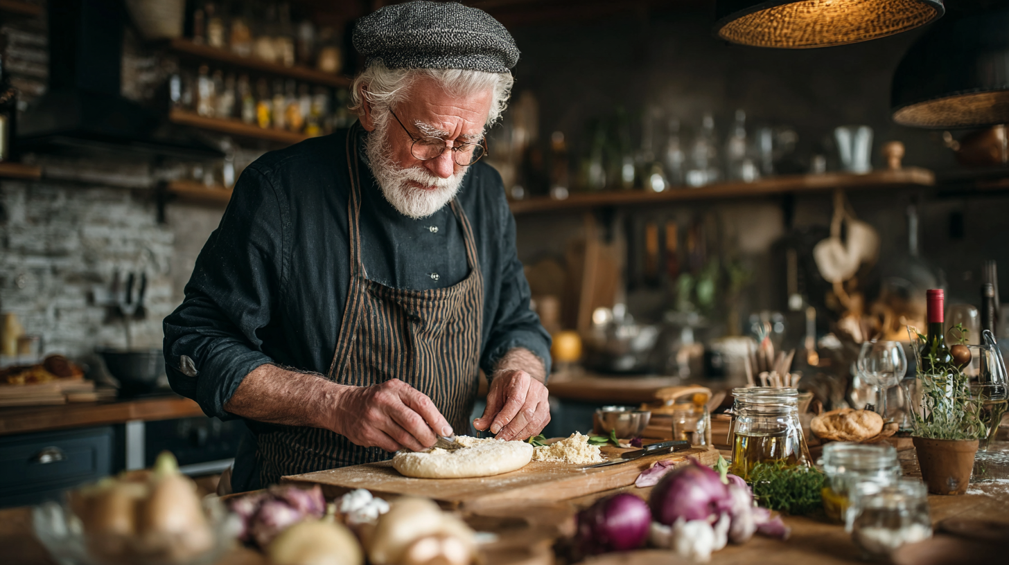 Cuplu de seniori zâmbitori gătind împreună o masă sănătoasă